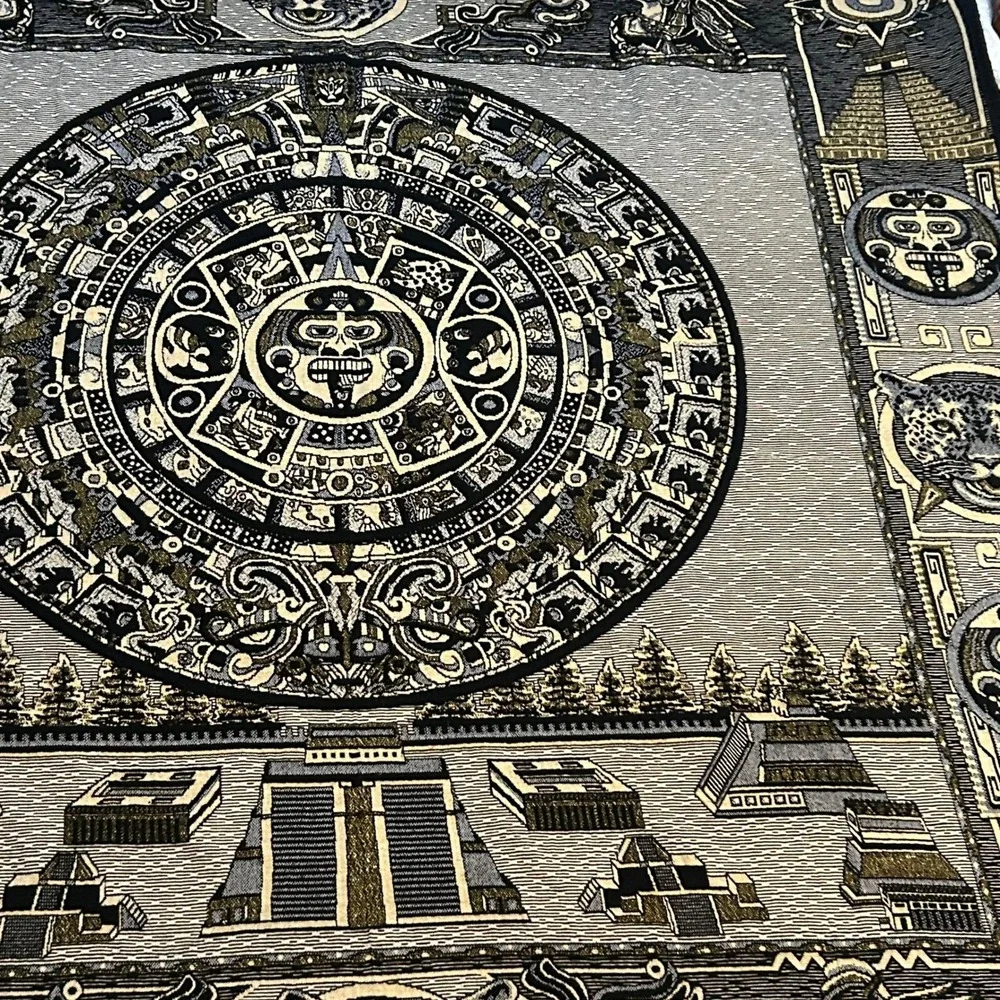 Mexican Aztec Mayan Sun Stone Calendar Woven Tapestry Blanket Jaguar Pyramids